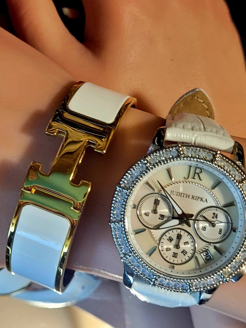 Judith Ripka White Crystal Bezel Chronograph Watch Embellished with Opals - Picture 5 of 17